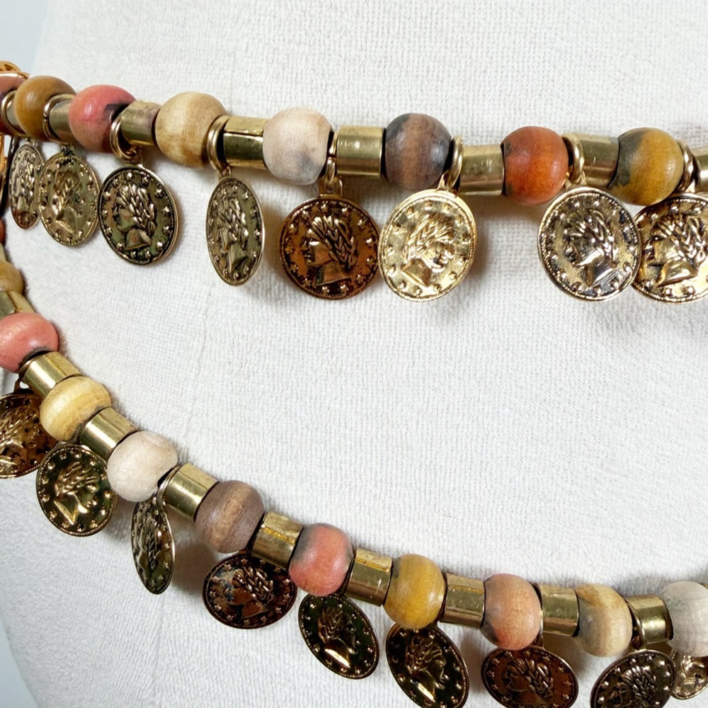 Boho Statement Layered Double Strand Waist Belt Coins Wood beads Hippie Gypsy OS - Picture 3 of 10
